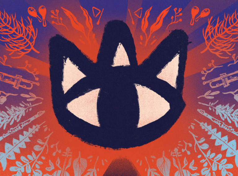 The Cat Empire iconic cat head logo artwork surrounded by vibrant botanical patterns and musical instruments in red and blue.